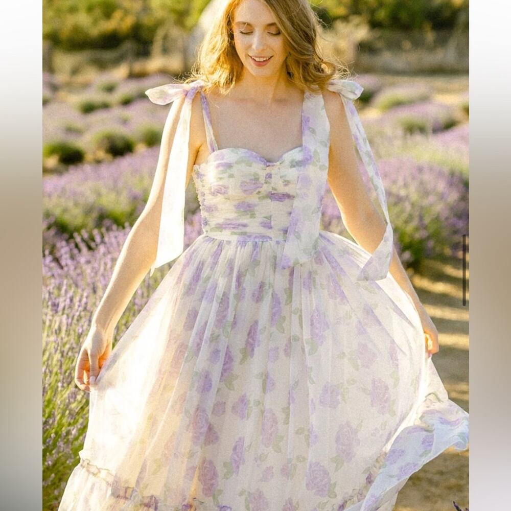 morning lavender debra purple & white floral sweetheart bow detil maxi dress - Picture 11 of 16
